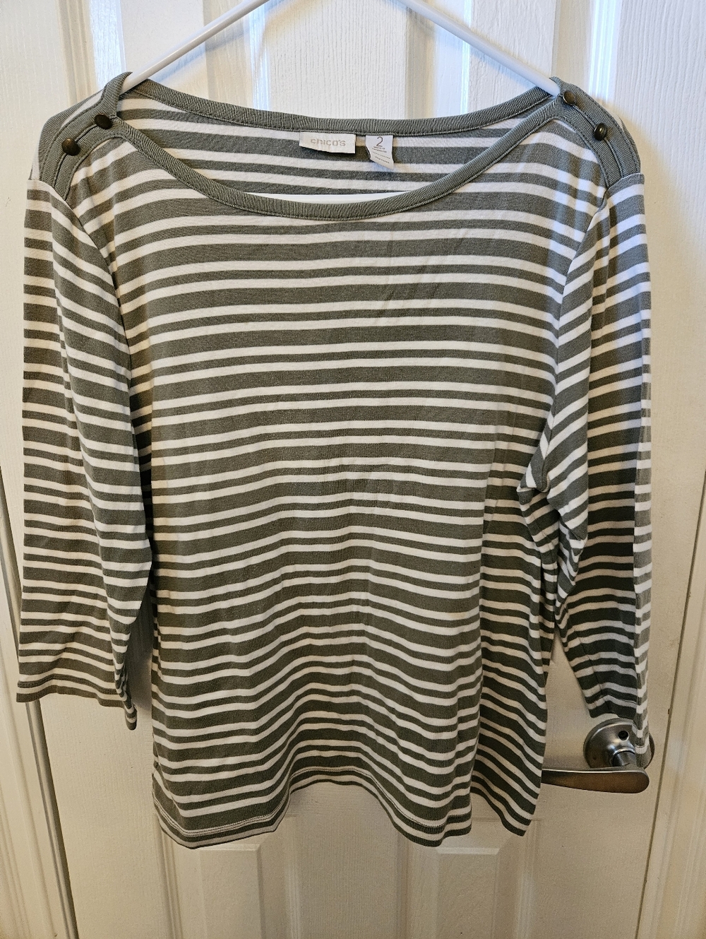 Chico's 3/4 Sleeve Boat Neck Striped Tee - Size 2 (Large/Size 12)
